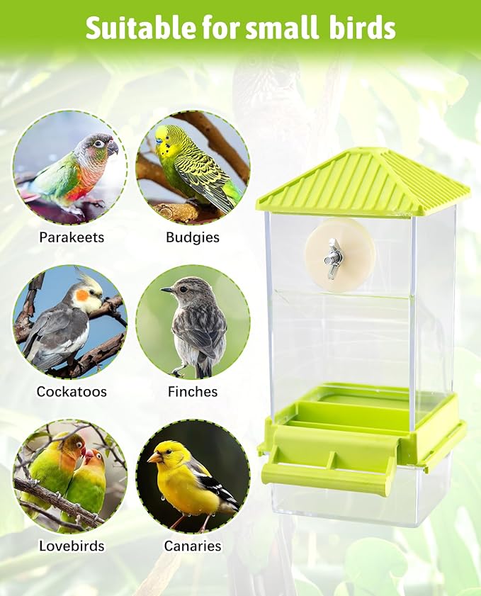 Hamiledyi Automatic Bird Feeder No Mess Bird Cage Feeder Seed Food Container with Perch Transparent Parrot Cage Accessories for Parakeets, Budgies, Cockatoos, Finches, Lovebirds, Canaries (Green)