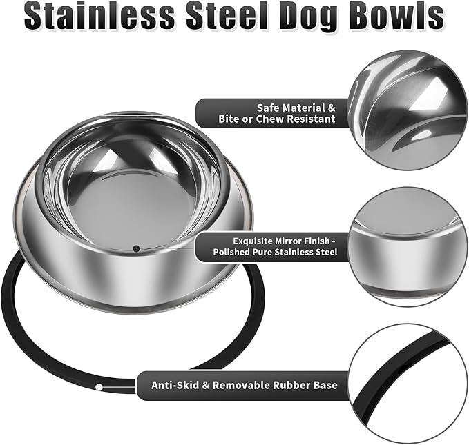 3Pcs Stainless Steel Dog Bowls Set - Non-Slip Food and Water Bowl 20 Oz - Dishwasher-Safe, Rust Resistant Metal Pet Bowls for Small/Medium/Large Sized Pets
