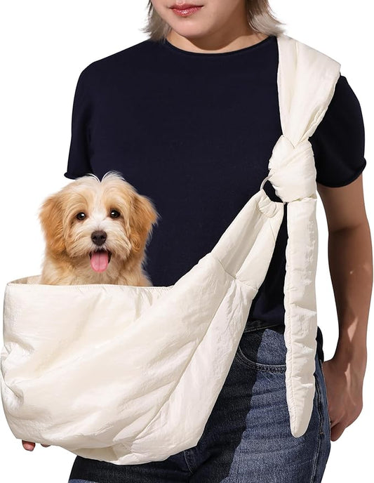 FUKUMARU Dog Sling, DIY Strap Puppy Carrier Sling for 5-12lbs Small Dogs, Ultralight Cat Travel Purse with Mesh Bag, Pets Papoose Carrier Foldable and Machine Washable, 22.44 * 16.9 * 11.8inch(Cream)