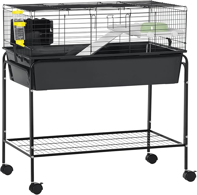 PawHut Two-Story Small Animal Cage Removable from Stand, Guinea Pig Cage with Shelf & Wheels, Pet Habitat for Hedgehog, Chinchilla, Ferret, 33" x 18.5" x 35", Black