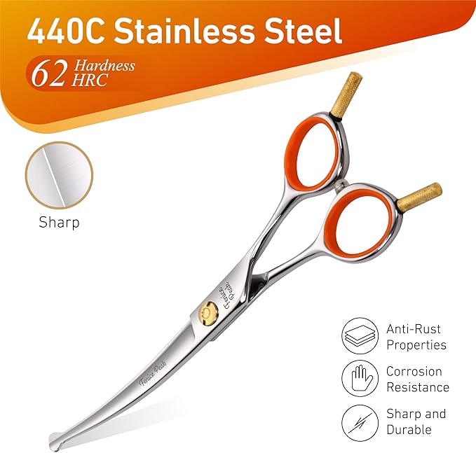 Fenice Peak 6'' Small Curved Scissors Lightweight Dog and Cat Grooming Scissors with Safety Round Tip JP440C Stainless Steel Sharp Blades for Body Facial Nose Ear and Paw Hair Easy Use
