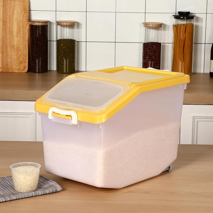 Sunnyray 4 Pcs Rice Storage Container 27.6 lb Airtight Flour Container with Wheels and Lids Measuring Cup Clear Pet Food Dog Birds Cat Food Bin Grain Cereal Organizer Box(Yellow)