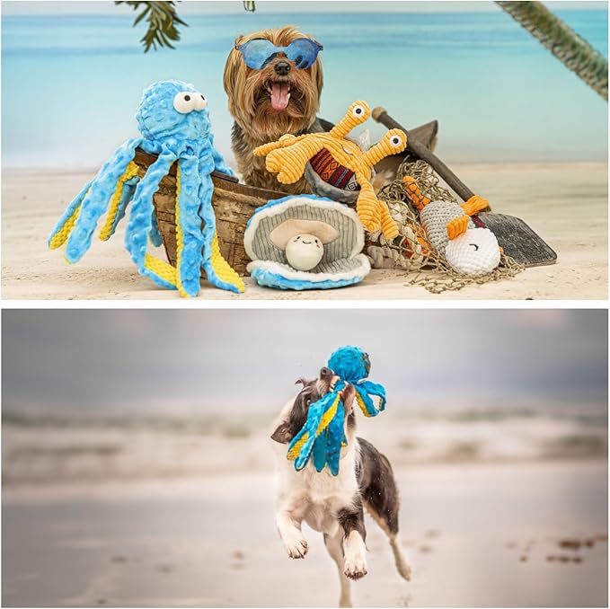 Nocciola Octopu Crinkle Squeaky Dog Toys for Aggressive Chewers, Durable Stuffed Plush Rope Tug Puppy Toy for Small, Medium Large Dogs, Octopus Fish Ocean Beach Summer, Dog Birthday Gifts