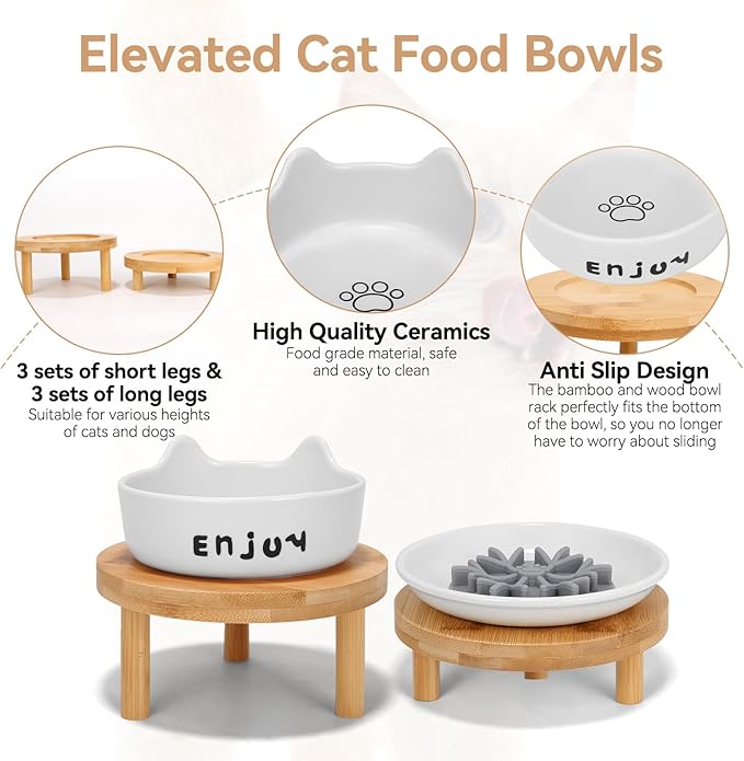 3PCS Elevated Cat Bowls,Wide Raised Ceramic Pet Dishes with Bamboo Stand, Whisker Friendly Pet Water or Food Plates Feeding Station for Indoor Small Dogs, Kitten (White(3PCS))