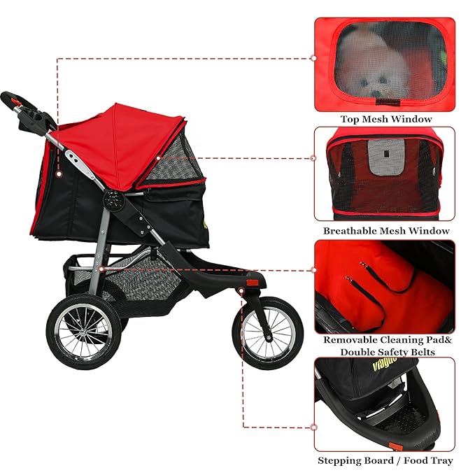 VIAGDO Premium Heavy Duty Dog Stroller for Small Medium Dogs & Cats, 3-Wheel Pet Stroller, Foldable Cat Strollers with Suspension System/Link Brake/One-Hand Fold, Max. Loading 55 LBS Black Red