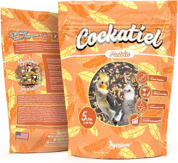 Mycelium Organic Cockatiel Protein Feed (5 LB Bag) | High-Protein, High-Fat Bird Seed for Energy, Growth, & Development | Seed & Superfood Blend for Cockatiels | Non-GMO, Made in USA