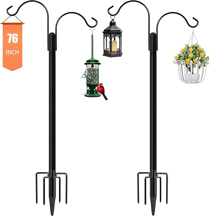 Ottsuls Bird Feeder Pole, 2 Pack 76 INCH Double Shepherds Hooks for Outdoor, Garden Pole with 5 Base Prongs Heavy Duty Planter Hooks for Hanging Plant Baskets, Lantern, Hummingbird Feeder