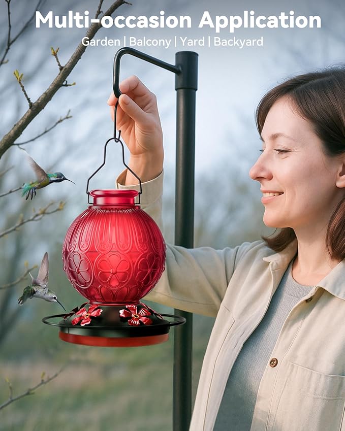 26Oz Hummingbird Feeder for Outdoors, Vintage Glass Bird Feeder with Perch, Durable & Easy to Clean, Hanging Nectar Feeder for Garden, Yard, Deck – Gift for Bird Lovers (Red)