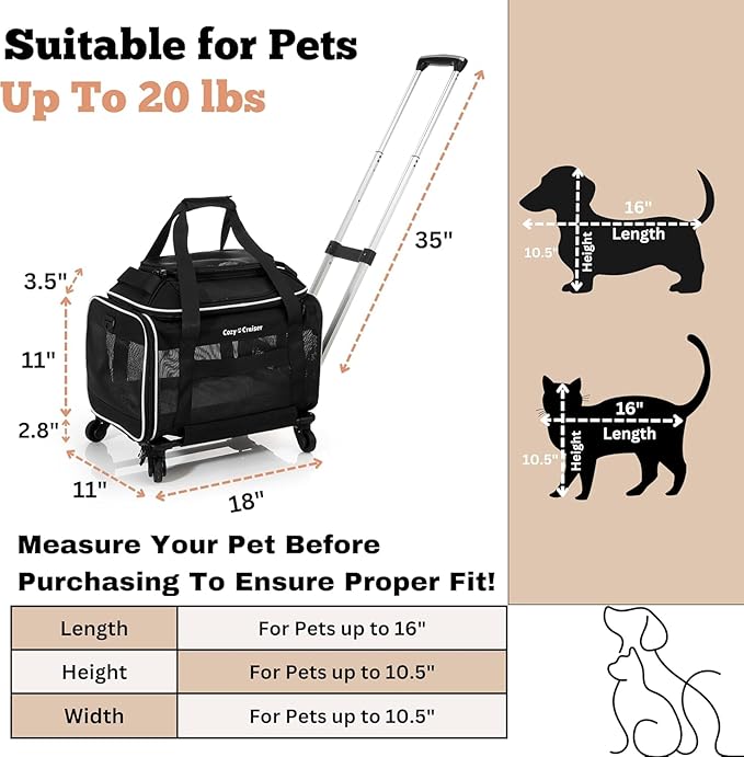Airline Approved Top-Expanding Pet Carrier on Wheels- Rolling Carrier- Designed for Dogs & Cats- Extra Spacious Soft Lined Carrier! 18x11x11 (Original Mesh Sides)
