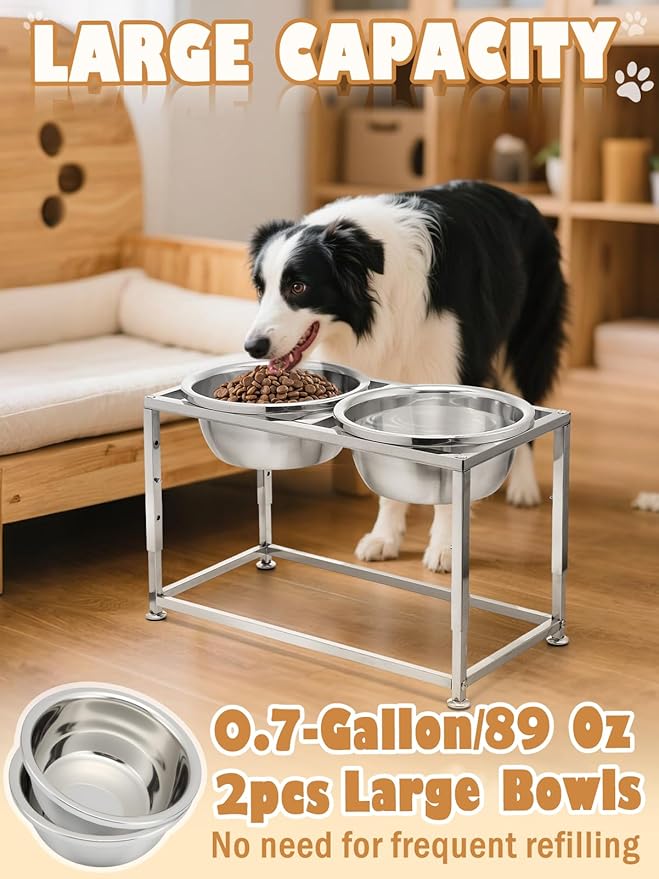 89OZ Large Capacity Raised Dog Bowls for Large Dogs - Full Metal 3 Height Adjustable (10", 12", 14") Food Water Bowl, Stainless Steel Medium Dog Elevated Bowl for Relief Joint Pressure