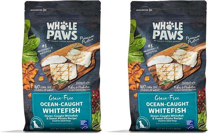 Whole Paws by Whole Foods Market, Grain-Free Adult Dog Food, Ocean-Caught Whitefish & Sweet Potato Recipe, 4 Pound (Pack of 2)