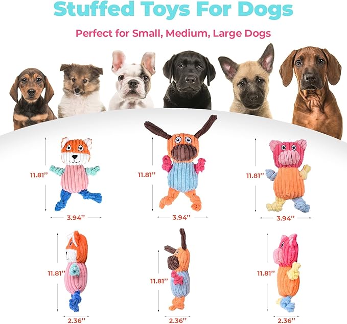 3pcs Dog Squeaky Toys, Plush Stuffed Puppy Chew Toy for Extended Play, Interactive Toys Gifts for Small Medium Large Chewer Dogs, Pet Toy Bulk to Keep Them Busy(Dog&Fox&Pig)