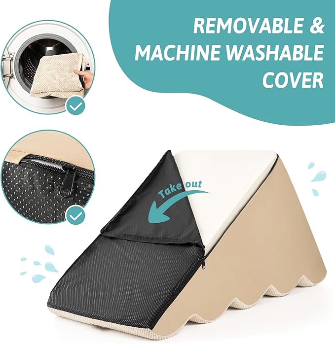 Wide Dog Stairs for Small Dog 19.7" H, Pet Step for Puppy, Older Cat, Curved Ramp for High Bed or Car, Stairs with High Density Foam, Lightweight, Durable, 4 Step, 17.7x28x19.7 inch, Beige