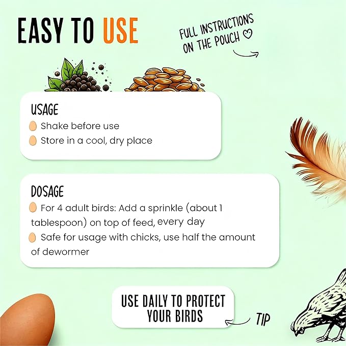 Natural Chicken Dewormer Powder - Chili Flavor | All-Natural Poultry Worm Treatment for Hens & Birds | Easy-Mix Feed Supplement | Safe for Eggs | No Withdrawal (1LB Pouch)