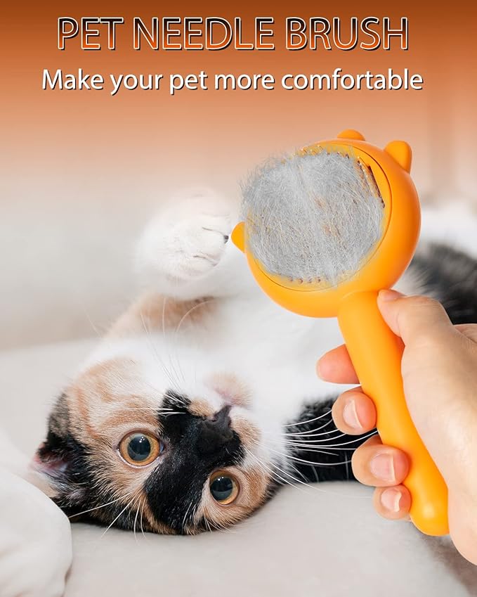 Self-Cleaning Dog & Cat Slicker Brush, Skin Friendly Deshedding Grooming Tool for Long or Short Haired Dogs Cats Rabbits, Dog Shedding Brush with Release Button - Pumpkin