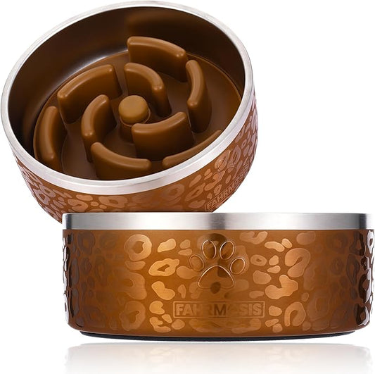 32 Oz Dog Bowl with Slow Feeder Insert Stainless Steel Pet Water Bowl for Medium & Large Breed Non Slip Rubber Base & Plastic Puzzle Feeder - Gold Leopard
