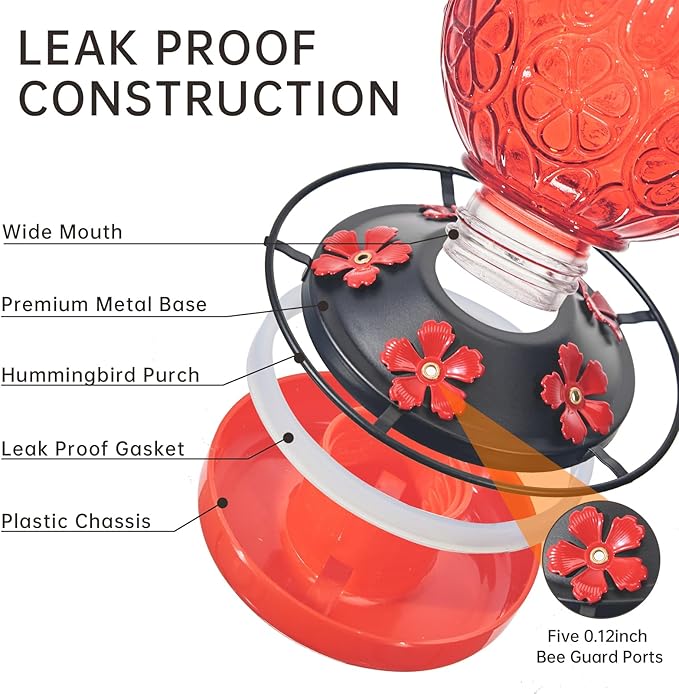 Glass Hummingbird Feeders for Outdoors Hanging, 23Oz Humming Bird Nectar Feeders with Perch, 5 Flower Feeding Ports, Leak Proof Base and Hook for Garden Decor, Gifts for Mom Women (Red)