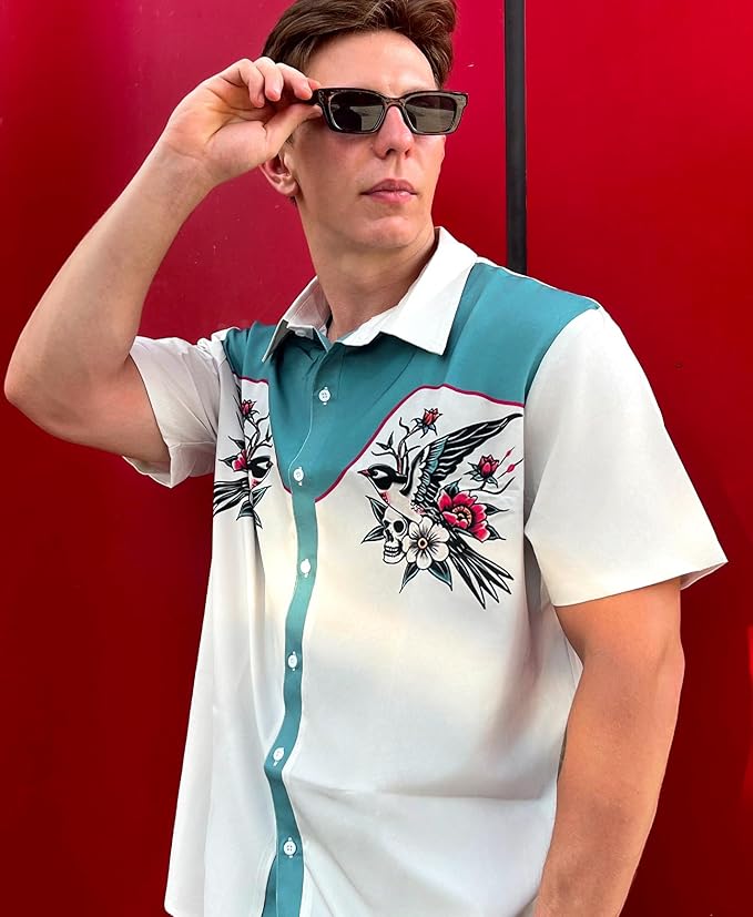 Men’s Hawaiian Shirt Western Cowboy Symmetrical Print Short Sleeve Button Down Casual Beach Holiday Summer Shirt