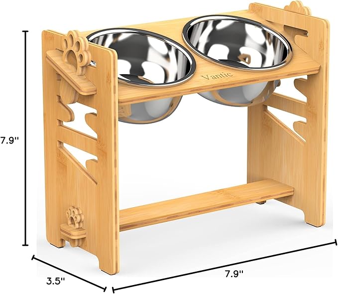 Vantic Elevated Dog Bowls, Adjustable Raised Dog Bowl Stand for Large and XLarge Pet, Sturdy Bamboo Food Feeder with 2 Stainless Steel Dishes, Natural