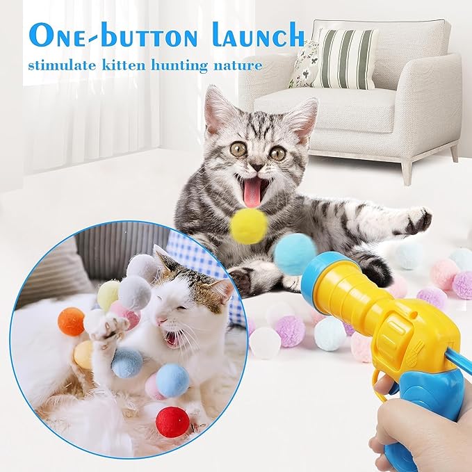 Mewlmart Interactive Cat Toys - Indoor Cat Enrichment with Launchers, Pom Pom & Puff Balls (100 Balls)