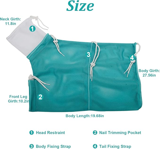 Breathable Mesh Shower Bag - Anti Scratch Adjustable Grooming for Nail Trimming, Bathing - Polyester Soft Cat Washing (White-Green)