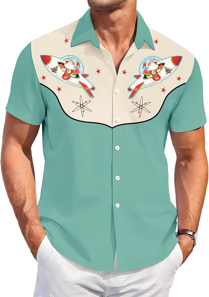 Men’s Hawaiian Shirt Western Cowboy Symmetrical Print Short Sleeve Button Down Casual Beach Holiday Summer Shirt