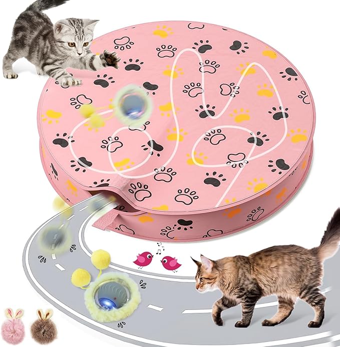Interactive Cat Toys Ball, Automatic Motion Activated Ball in Pouch Fast Rolling Indoor, Hide and Seek Mouse Catching Game in Cat Play Mat with Chirping, LED Light, Auto On/Off (Pink)