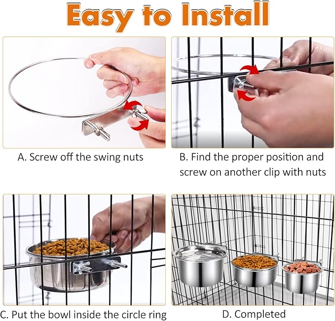 Dog Crate Water Bowl, 3 pcs Stainless Steel Dog Bowls, Durable Anti-Spill Pet Metal Bowl for Cage Kennel Crate, Hanging Water/Food Bowl for Medium & Large Dogs (7.1x3.5'' & 6.3x2.6'' & 5.5x3.1'')