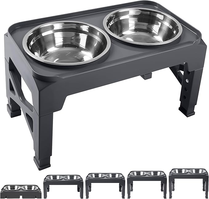 Hubulk Elevated Dog Bowls with 2 Stainless Steel Food & Water Raised Bowls with No Spill Edge Non-Slip Stand Adjusts to 5 Heights(3.2", 8.77", 9.9",11.1", 12.3")for Small Medium Large Dog and Pet Grey