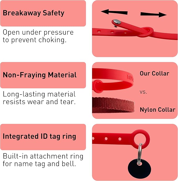Cat Collar 2 Pack - Soft, Comfortable, and Lightweight Safety Breakaway Collar with Name Tag Ring for Outdoor Cats and Sensitive Skin Kittens by Nuvuq (6 ⅞" to 10 ¼", Red)