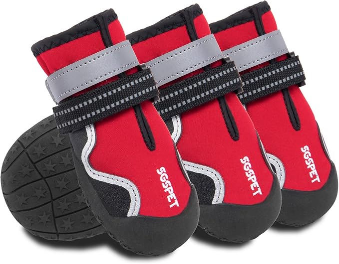 Dog Shoes, Waterproof Dog Boots & Paw Protectors with Anti-Slip Sole, 4pcs/Set Pet Dog Booties, Reflective Dog Shoes for Small Medium Large, Winter Snowy Summer Hot Pavement (Red, 7# (XL))