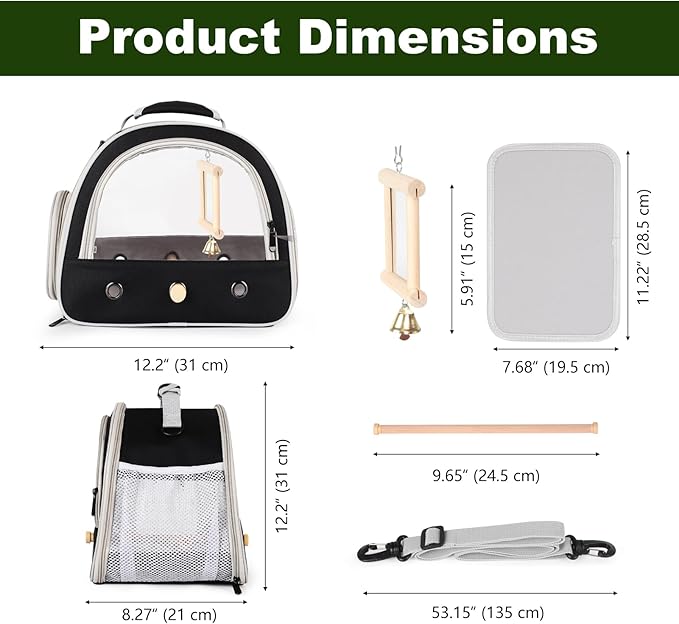 Parrot Travel Cage Carrier with Bird Cage Bells Mirror Set,Portable Small Bird Parakeet Bag with Standing Perch and Comfy Mat Bird Carry Transport Bag with Clear Window Outdoor Adventure