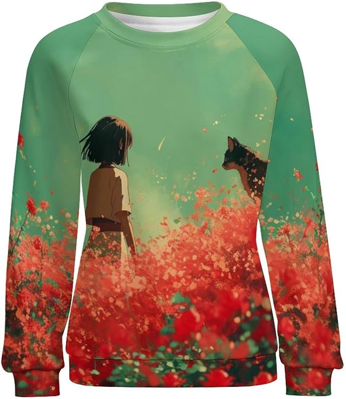 Long Sleeve Shirts for Women Cat Oil Painting Shirt 3D Graphic Sweatshirts Fall Pullover Crewneck Vintage Boho Tops