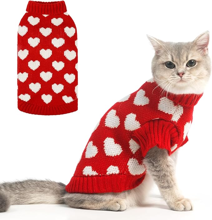 KOOLTAIL Cat Sweater Turtleneck - Soft Knit Cat Christmas Sweater, Heart Love Pattern Thick Warm Cold Weather Clothes for Small, Medium, Large Size Kitten, Puppy, Girls Red