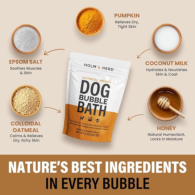 Dog Bubble Bath Shampoo Alternative – Soft Oatmeal Honey Scent, Natural Pet Spa Soak, Gentle Puppy Wash, Dog Gift - 12 Baths (Oatmeal Honey)
