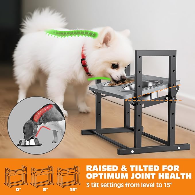 Elevated Dog Bowls for Dogs, 6 Heights Adjustable Raised Dog Bowl with Slow Feeder - 3 Stainless Steel Bowl, Tiltable Non-Slip Feeding Bowls with Metal Stand