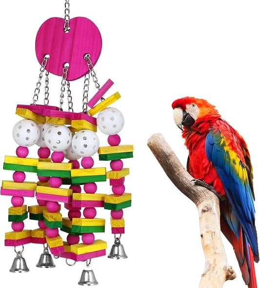 MEWTOGO Bird Toys - Edible Parrots Cage Chew Toy Gift with Bells and Safe Colorful Wood Blocks Beads for Macaws African Grey and Amazon Parrots (Peach Style)