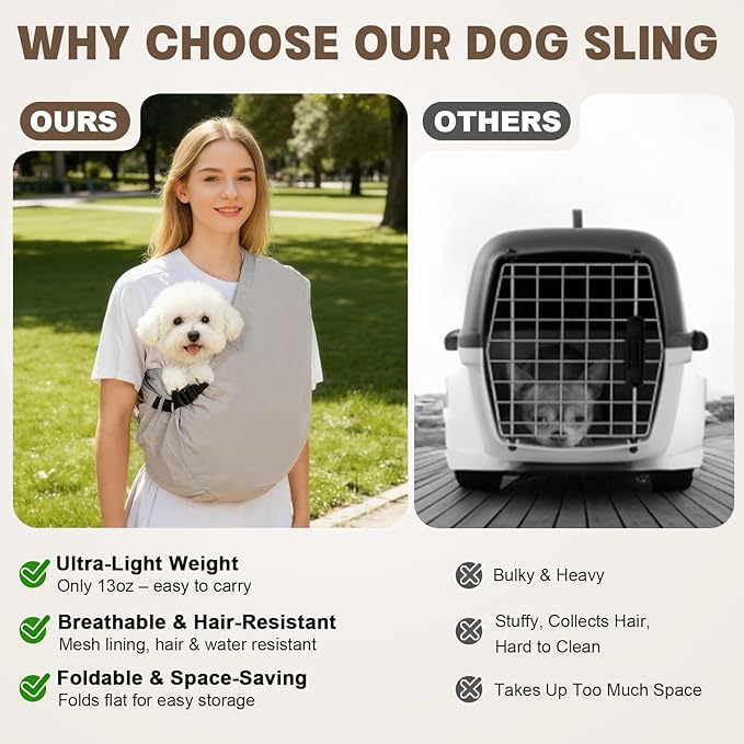 Dog Carrier Sling for Small Dogs Cats – Hands Free Pet Sling Carrier with Mesh Lining Pocket & Safety Hook, Adjustable Cat Dog Front Carrier for Travel, Daily Walk, Outdoor,Grey L