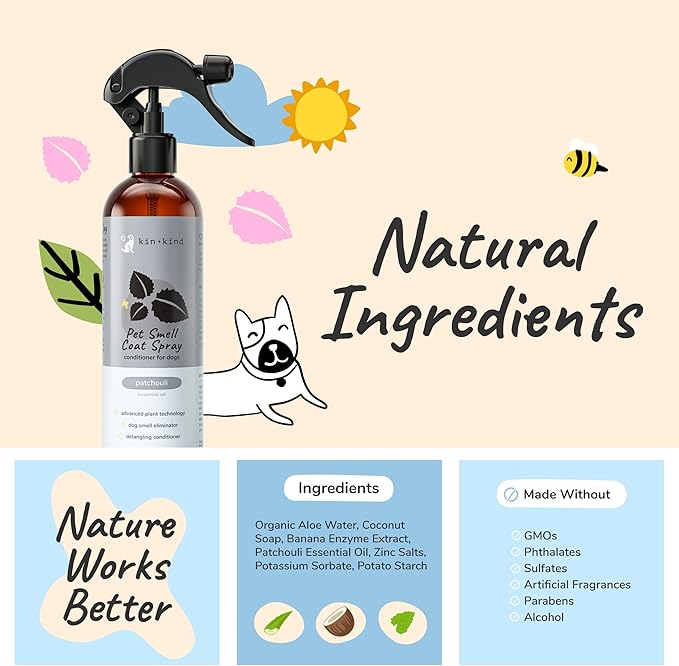 kin+kind Dog Coat Spray (12 fl oz) - Deodorizing Patchouli Formula with Long Lasting Dog Cologne Scent with Aloe Vera - Safe, Natural Odor Eliminator for Dogs - Made in USA (Patchouli)