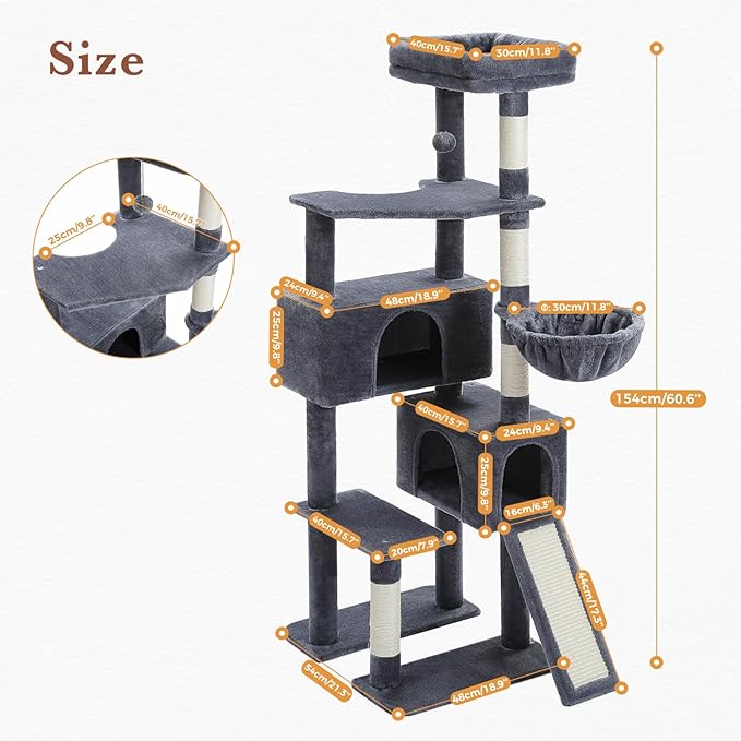 PAWZ Road Cat Tree, 60 Inches Cat Tower with Dual Condos, Spacious Perch, Cozy Basket and Sisal-Covered Scratching Posts for Indoor Cats- Dark Gray