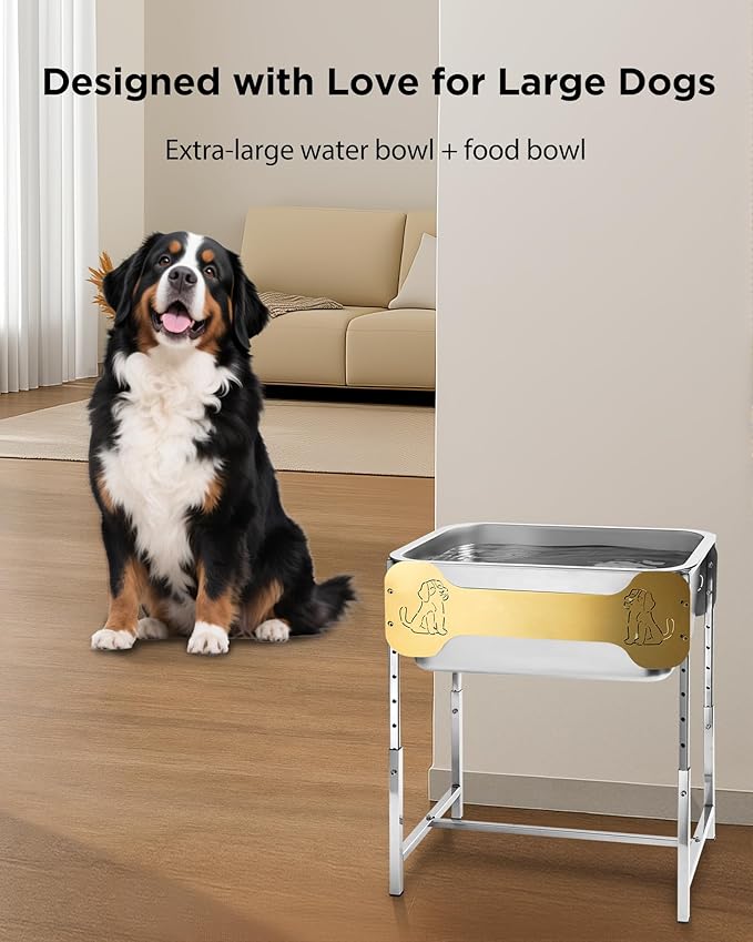 2-Pack Elevated Dog Bowls for Large Breed, 3 Gallon Large Water Bowl and 1.5 Gal Food Bowl Set with 6-Height Adjustable Stand, Raised Dog Feeding Station with Stainless Steel Bowls for Indoor&Outdoor