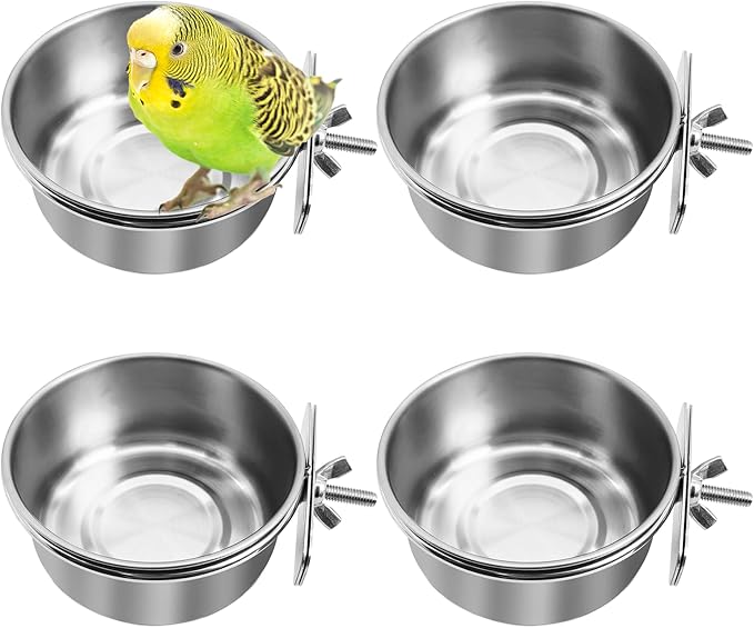 kathson 4 Pack Bird Feeding Dish Cups, Stainless Steel Parrot Feeders Water Cage Bowls with Clamp Holder Bird Feeders for Parakeet Cockatiels Conure Budgies Lovebird Finch and Small Animals