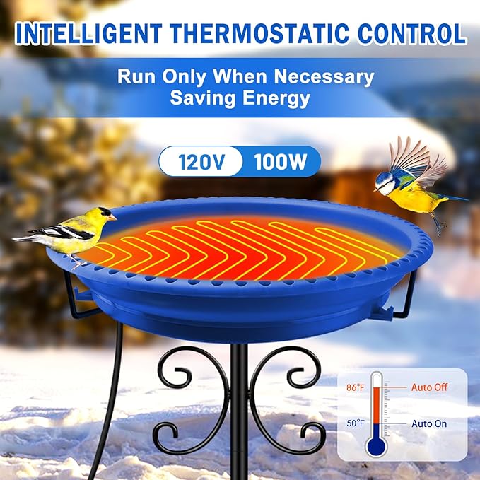 Daoeny Heated Bird Bath for Winter, Upgraded 100W Heated Bird Baths for Outdoors Thermostat Control with 5-Prong Metal Base, Heated Bird Bath for Outside Winter Garden Patio Yard Lawn (Blue)