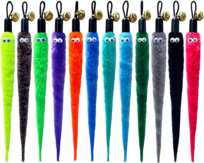 AcceLeah Cat Worm Toy Teaser Wand Replacement, Cat Worms & Dragonfly Refill, Assorted Teaser Refills with Bell (12Pcs)