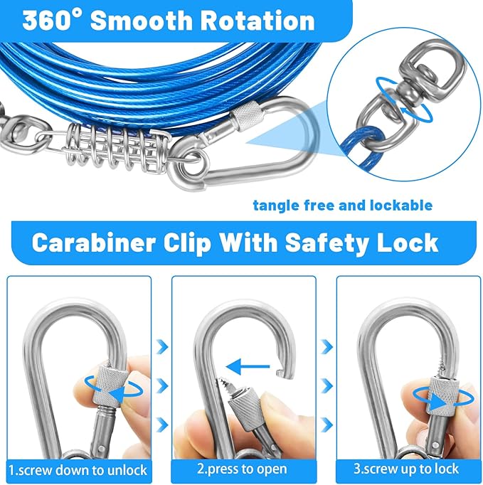 Dog Tie Out Cable 10/15/20/25/30FT Dog Run Cable Rosy Pink/Blue/Purple/Silver/Red/Green/YellowTie Out Cable for Large Dogs Heavy Duty for Outside Hold Large Dogs Up to 250LBS