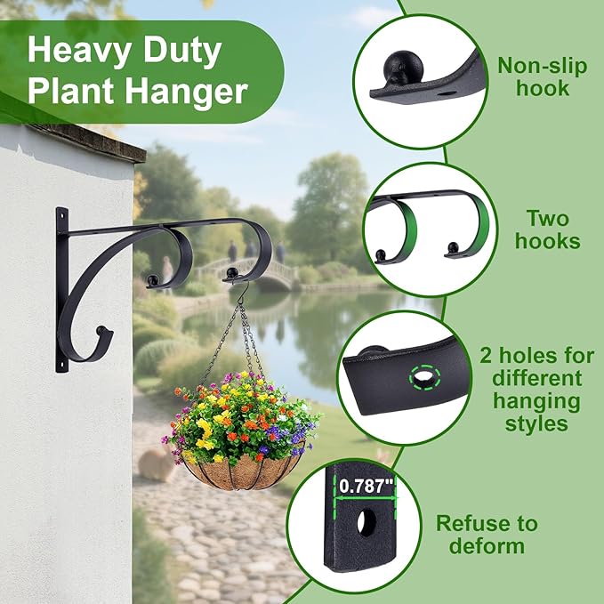 Plant Hangers Outdoor Indoor, 10 Inch Heavy Duty Wall Hooks 2/4 Pack, Decorative Iron Plant Hooks for Hanging Plants, Bird Feeders, Wind Chimes, Flower Baskets (2Pack)