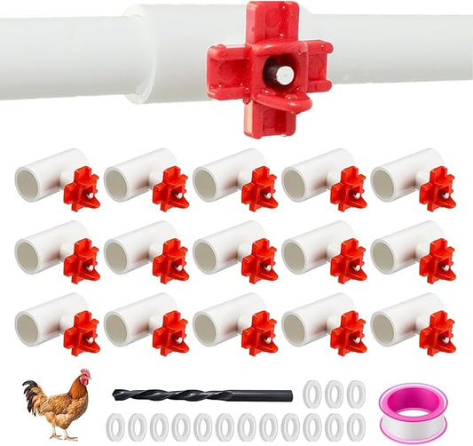 15 Pack Chicken Nipples Waterer with 1/2'' PVC Tee Fittings,DIY Automatic Chicken Waterer System, Horizontal Side Mount Poultry Water Nipple Waterer Drinker and for Poultry Ducks Quail and Other