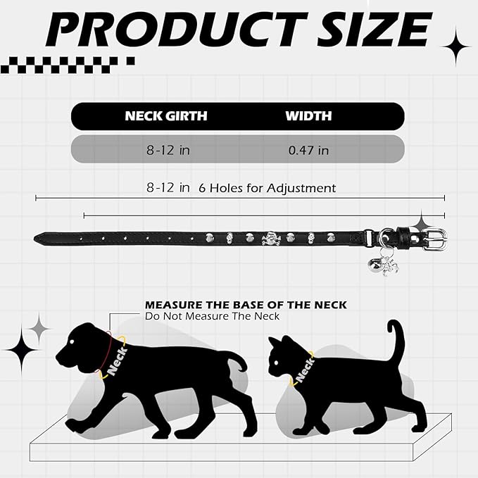 EXPAWLORER Halloween Cat Collar for Girl Boy- Adjustable Leather Pet Collar with Safety Elastic Belt,Personalized Punk Accessories Buckle Collars with Bell & Durable D-Ring, Rivet (Black)