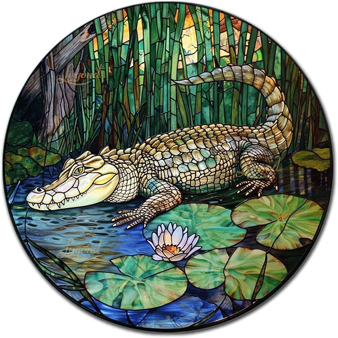Lygond Metal Sign Tin Sign Circular Stained Glass Crocodile Restroom Tin Sign for Yard 12×12 Inches
