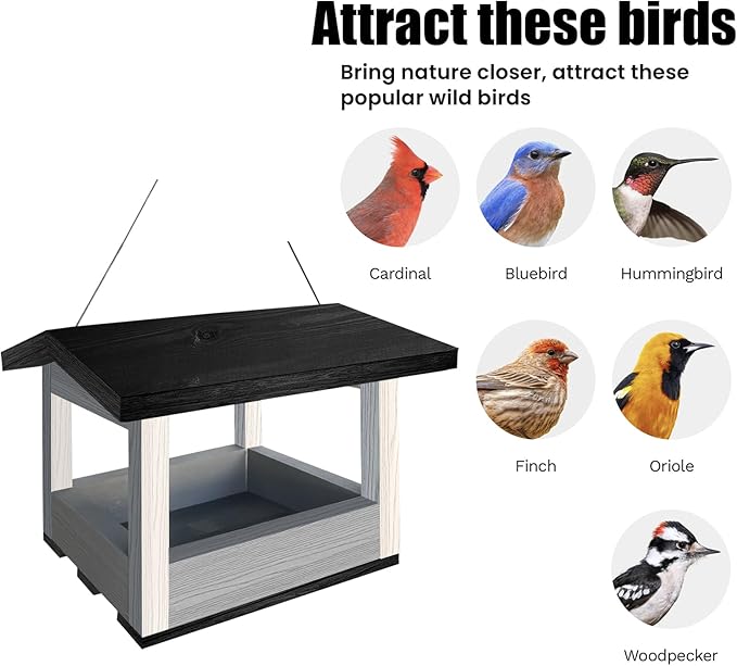 Wooden Hanging Bird Feeder Tray – Outdoor Platform Feeder for Cardinals, Squirrels, and Small Birds – Bird House Style for Backyard Garden (Grey)